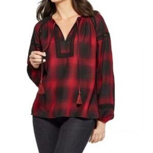 Knox Rose Buffalo Plaid  Tassel Tie‎ Top Red XS